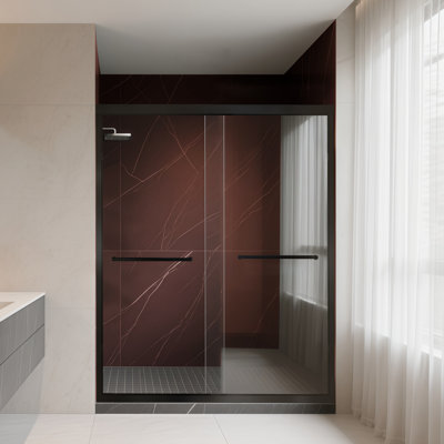 50-54" W ×72" H Tempered Glass with Explosion Proof Film, Aluminum Frame Double Sliding Shower Door, "1/4 (6 mm), Stainless Steel handle,Matte Black