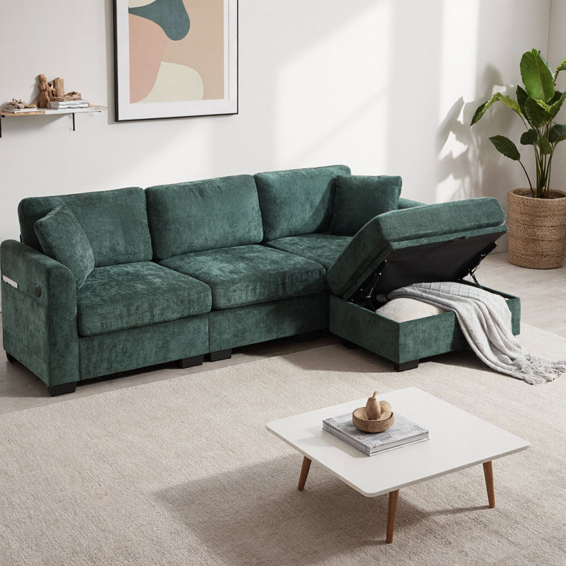 Canapé modulaire en L surdimensionné en chenille avec deux ports USB, banc de rangement pour repose-pieds et 2 poches latérales, canapé à 4 places pour le salon