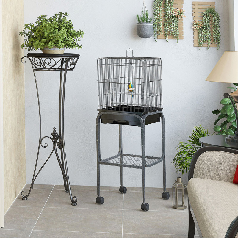 Cage à oiseau 45 po en métal, cage à perroquet, volière à oiseaux avec support à roulettes amovible, panier de rangement et accessoires - noir