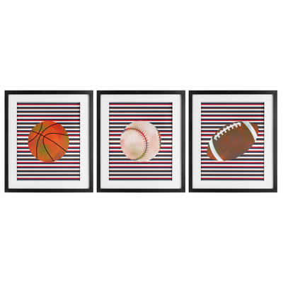 Rayures et balles de sport, ensemble de 3 impressions encadrées sous verre, design par Marcus Prime