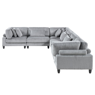 Modern 6Pc Sectional, Gray Corduroy Fabric, 3X Corner Seats, Armless Chairs, Loose Seat Cushions, Living Room Modular Sectional , Simple Assembly Requ