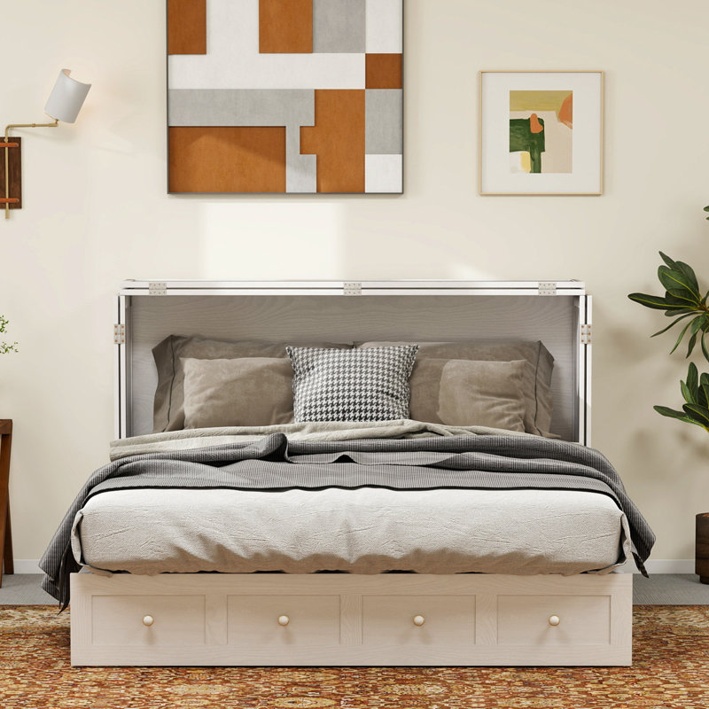 Lit escamotable 100% bois massif avec matelas, station de charge intégrée pour chambre d'amis, blanc, Blanc