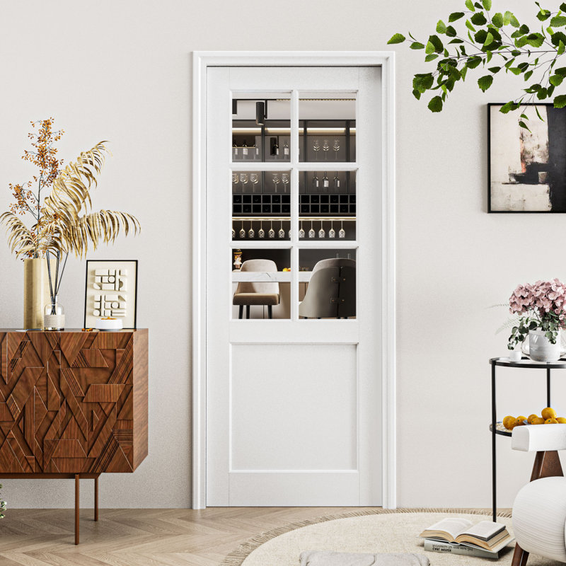 White Primed Solid Core 6-Panel Clear Glass Slab Door Suitable For Bathroom/Pantry, 32" x 80"