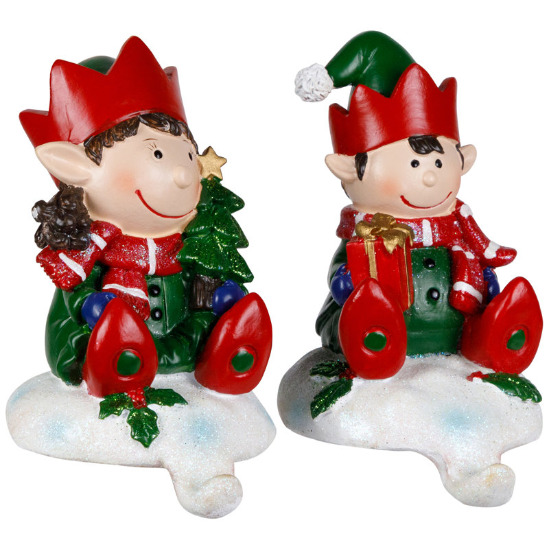 Festive Elves Resin Christmas Stocking Holders Set of 2