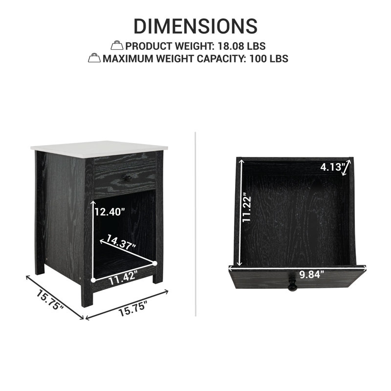 Inus 2 Tier End Table with Drawer and Storage Cabinet, Side Table with Sliding Drawer for Bedroom, Distressed Black