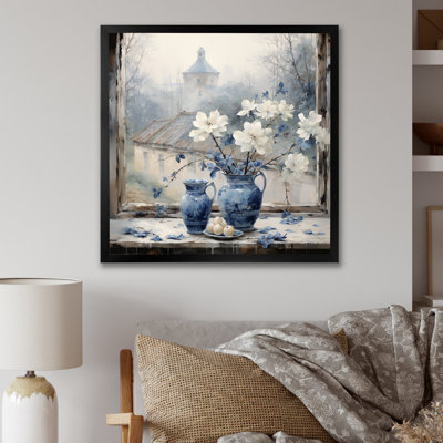 Blanc et bleu, charme de fenêtre floral antique - ferme fenêtres, art mural