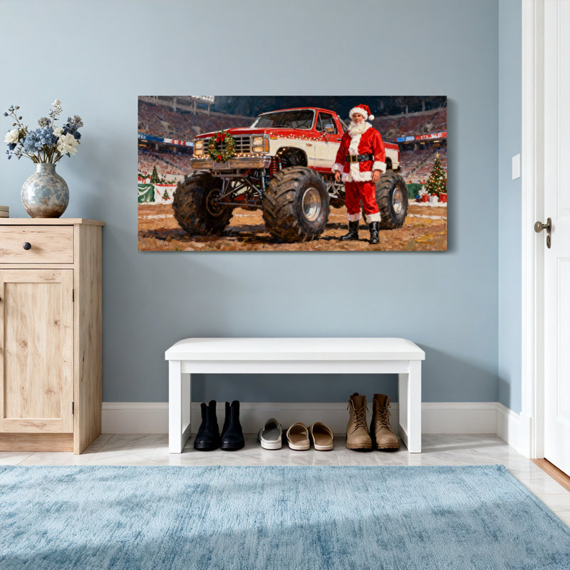Scène de Noël de Noël père Noël avec camion monstre, H 20 po x l 40 po