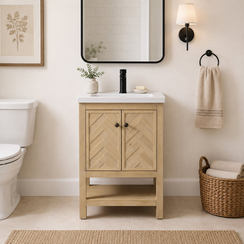 Meuble-lavabo simple 24 po avec plateau en céramique Chazden, Natural Cedar, Cuivre antique, Blanc