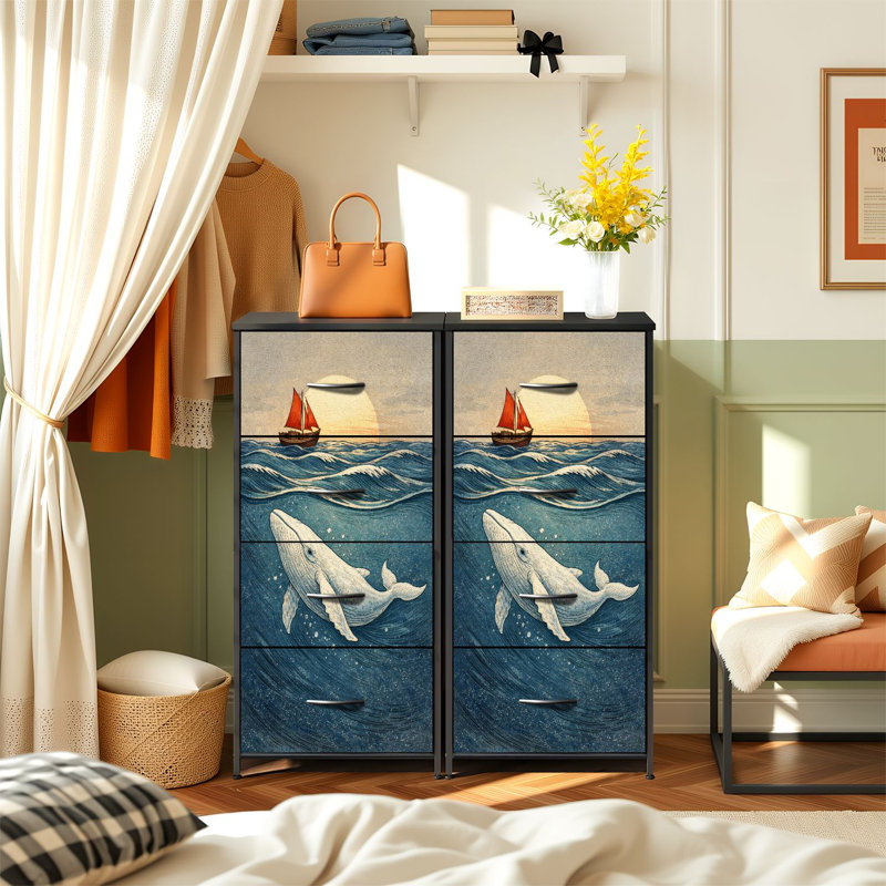 Commode pour chambre à coucher avec 4 tiroirs de rangement Voilier, voiles rouges, baleines, commode sous-marine