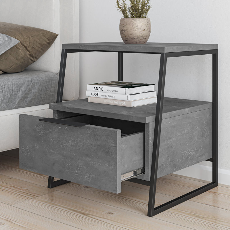 Catinna 1 Drawer Bedside Table | Modern Nightstand with Open Shelf, Retro Gray