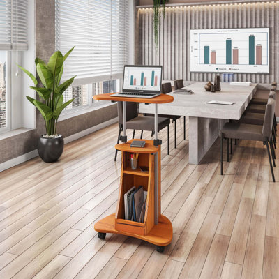 Chariot pour ordinateur portable roulant à hauteur ajustable avec rangement, finition grain de bois pour poste de travail ergonomique
