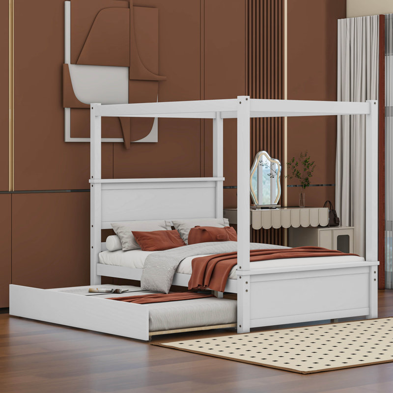 Cactier Full Size Canopy Platform bed With Trundle Bed, Brushed White