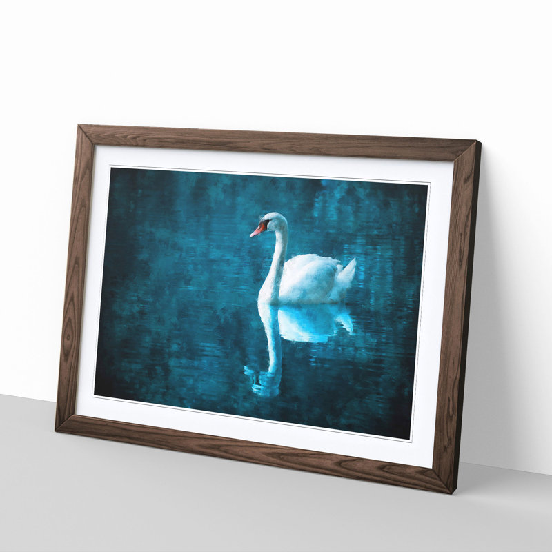 White Swan On A Blue Lake - Picture Frame Painting Print, 24cm H x 33cm W x 2cm D, Walnut
