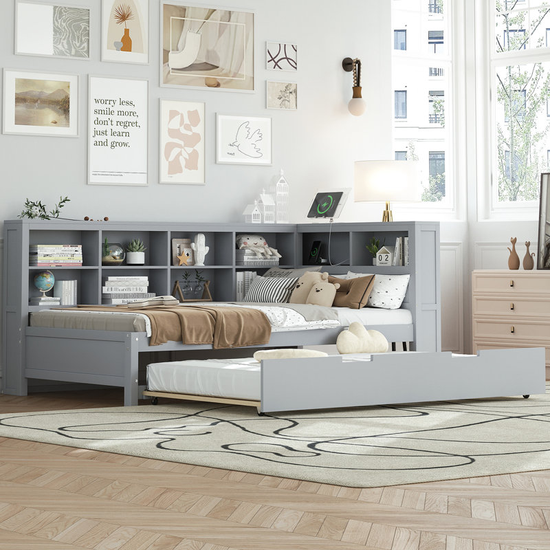 Twin Daybed With Storage Shelf, Grey Trundle And Connector Trundle, Shelf