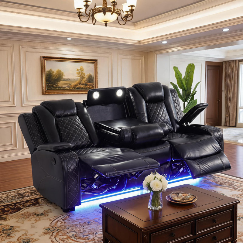 Canapé modulaire inclinable en similicuir noir respirant avec éclairage ambiant à DEL, charge USB et sans fil, porte-gobelets et console de rangement