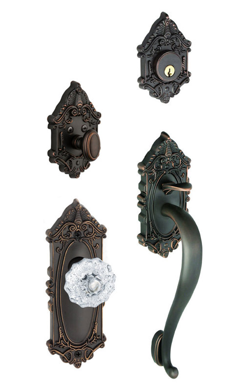Grande Victorian Handle With Knob And Deadbolt Entry Set, Timeless Bronze