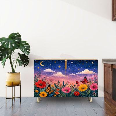 Buffet Buffet avec rangement fantaisiste pré floral papillons ciel étoilé avec 2 portes pour le salon et la cuisine