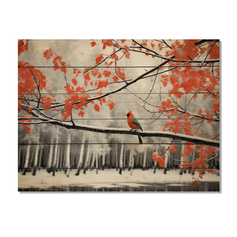 Oiseau monochrome rouge et gris dans la forêt III sur bois, H 30 po x l 40 po x P 0,78 po