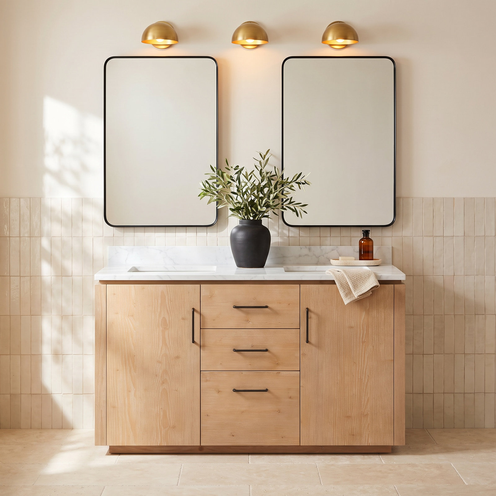 Cloverfield 60'' Double Bathroom Vanity, Fir Wood Brown, Matte Black