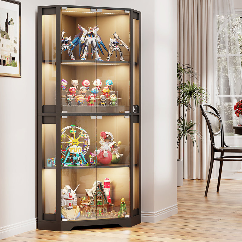 Corner Display Cabinet with Glass Doors, 65" Curio Cabinet with 3 Color Lights, Black