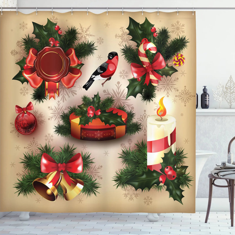 Rideau de douche avec décorations de noël et crochets de noël, H 70 po x l 69 po