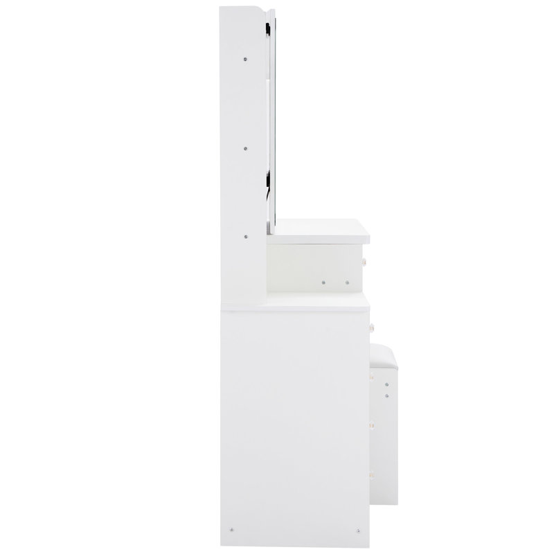 37" Middle Size Left Bedside Cabinet Vanity Table + Cushioned Stool Dresser Set, White