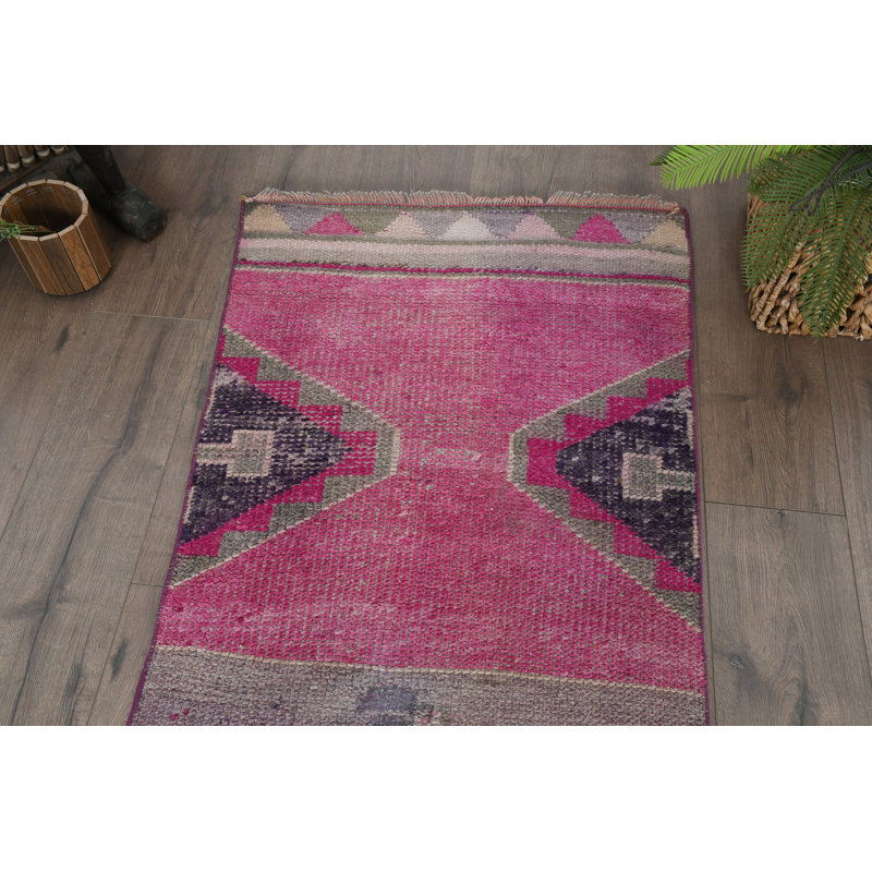 Bohemian Wool Runner Rug, 29.5x128 Inch Pink Patchwork Rug