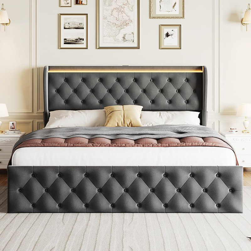 LED Bed Frame With Charging Station And 4 Storage Drawers, Velvet Upholstered Platform Bed Frame With Wingback Headboard, Button Tufted/No Box Spring Needed/Grey