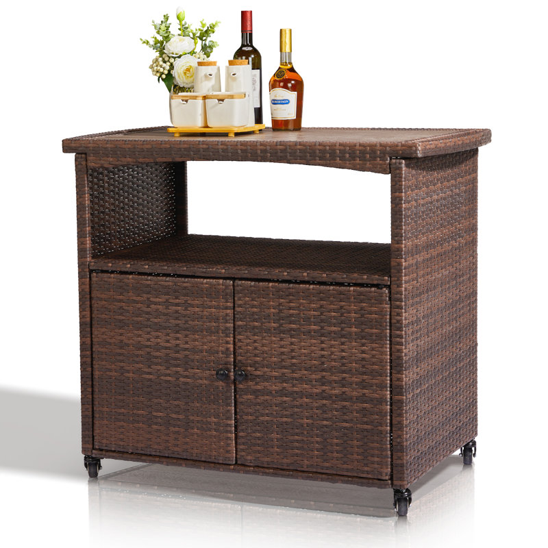 Brown Rattan Bar Table With Wheels