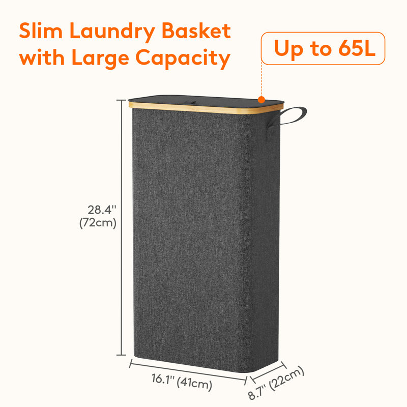 65l Slim Laundry Hamper With Lid, Narrow Laundry Basket With Removable Bag & Bamboo Handles, Fodable Thin Dirty Clothes Hamper For Laundry Collapsible Bin For Bathroom Bedroom Dorm