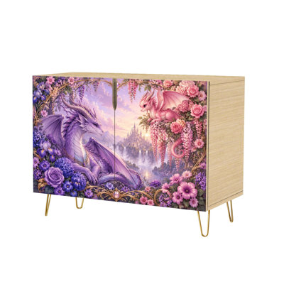 Buffet moderne et majestueux, style château de dragon violet, avec un bébé dragon rose et des motifs floraux féeriques. Console d'appoint avec 2 portes de rangement dissimulées. Meuble de rangement autoportant peu encombrant, idéal pour le salon, la cuisine, l'entrée ou le coin café.