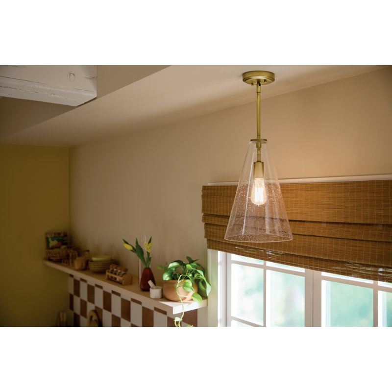 15.25" 1-Light Cone Pendant with Clear Seeded Glass, Natural Brass