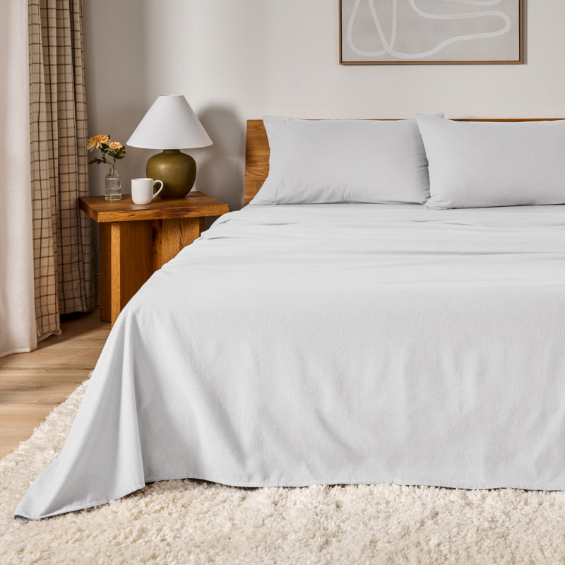 100% Cotton Flannel Sheet Set, Split King Sheet Set with 2 Pillowcases, Cloud Gray