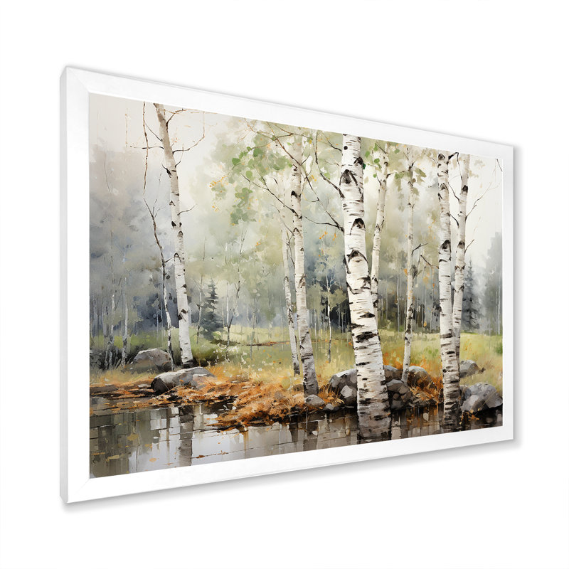 «Green Birch Wood Beauty I - Tree Birch», reproduction sur toile encadrée, H 24 po x l 32 po x P 1 po, Cadre simple blanc