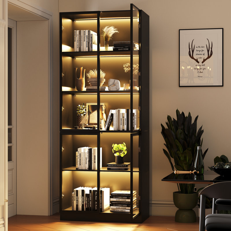 Display Storage Cabinet with Glass Door, LED Lights,Showcase for Collections, Perfume, Vinyl Albums, Bookcase for Home Office, Living Room, Clinic, Pantry (5 Layers-Black)