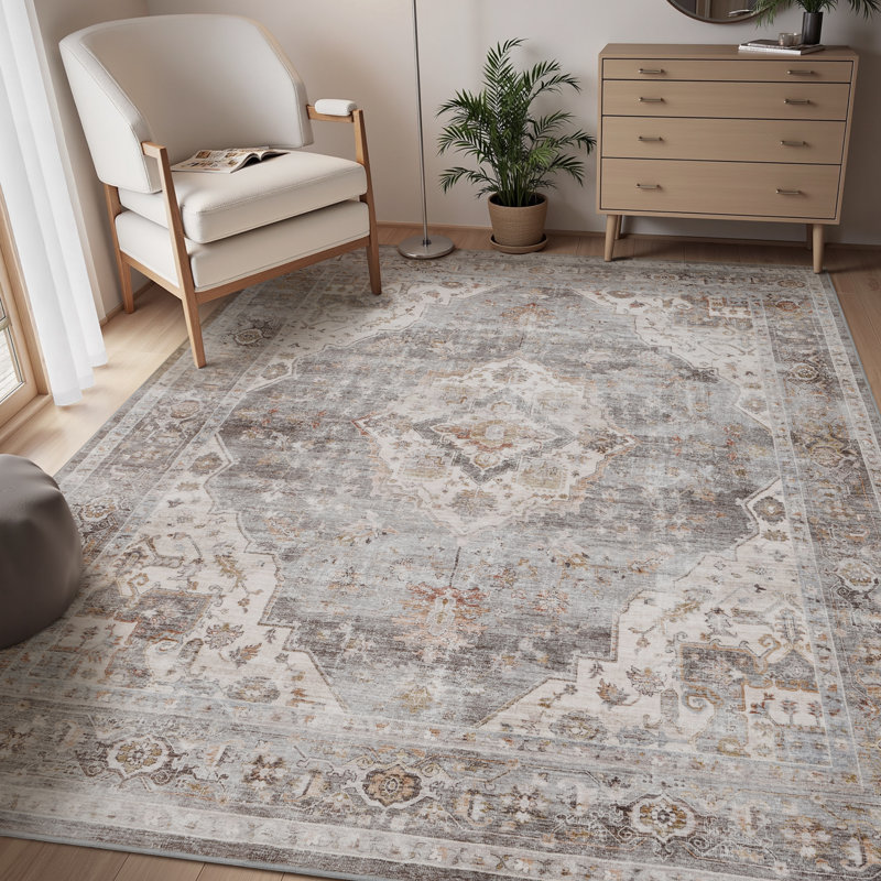 Soft Gray Machine Washable Oriental Area Rug For Living Room, Bedroom, Rectangle 6' x 9', Gray