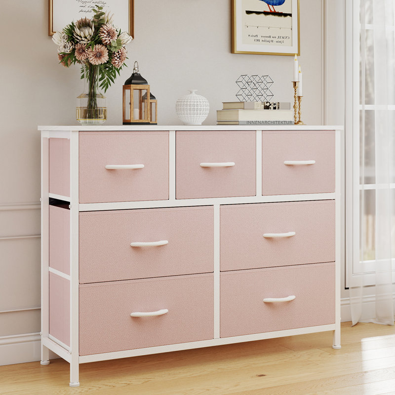 Verdi 7 Drawer 39.3" W Chest of drawer with Wood Top & Fabric Drawer, Pink