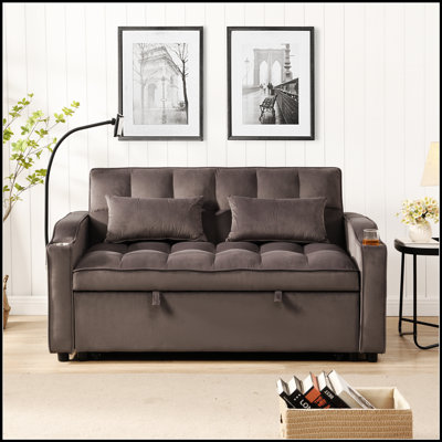 Modern Velvet Loveseat Futon Sofa With Pullout Bed, Adjustable Reclining Backrest, And Pockets For Living Room, 3-In-1 Convertible Sleeper Sofa