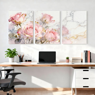 Pink Roses with Gold Accents Marble Background Canvas Wrapped Wall Art, Floral Oil Painting Print (Set of 3)