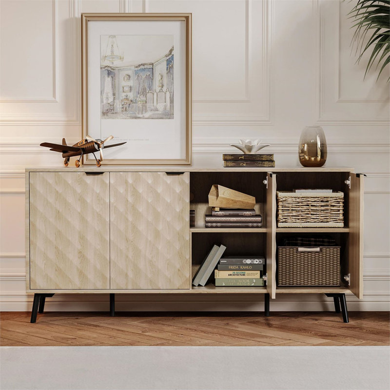 Buffet 62 pouces à flûte diamantée, armoire de rangement en forme de losange, Grain du bois