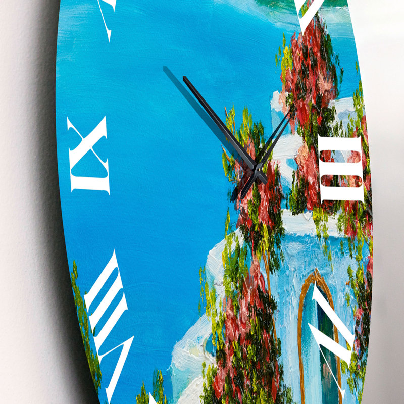Maison près de la mer, fleurs colorées I - horloge murale nautique et côtière, Moyen
