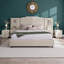 Queen Upholstered Platform Bed Frame with Adjustable Headboard Lamp & Bedside Table - Velvet Vertical Stripe Button-Tufted Design, Solid MDF Frame - Beige - No Box Spring Needed-1416710109-1416337508