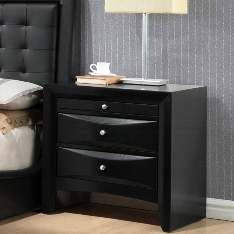 Table de chevet pour chambre à coucher en noir avec 2 tiroirs et 1 plateau pratique