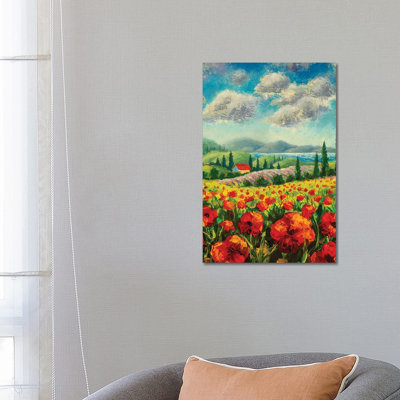 Landscape With Cypress Trees, Red Poppies, Beautiful Sea by Valery Rybakow - Wrapped Canvas Painting