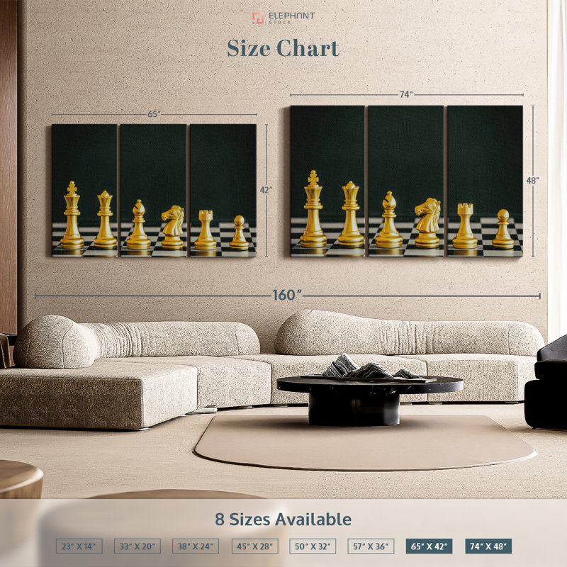 «Golden Chess P pièces», 3 pièces sur toile, H 48 po x l 74 po x P 1,25 po