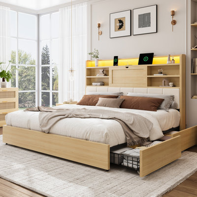 King Platform Bed with Upholstered Headboard & Storage Drawers, Burlywood