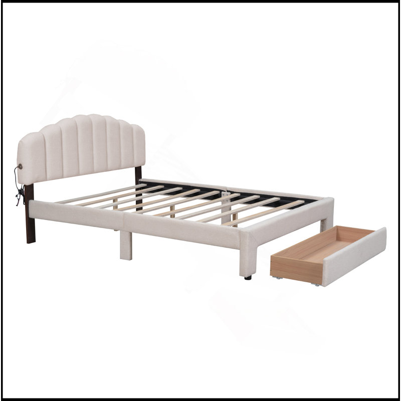 Grand lit plateforme tapissier Teddy, Beige