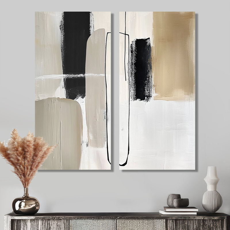 «Minimal and Geometric Compositions In Nature Tones - Midcentury Modern Art, Black Mid-Century Modern, reproduction sur toile 2 pièces