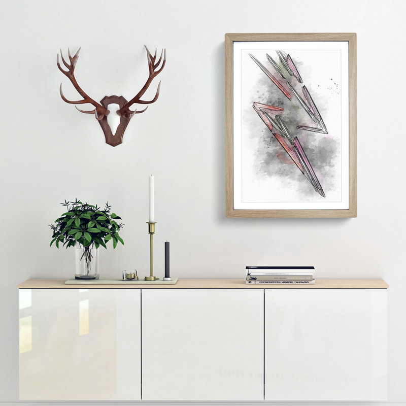Neon Lightning Bolt in Abstract - Framed Print, Oak Framed, 87cm H x 62cm W x 2cm D