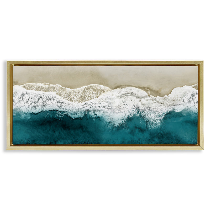 Foamy Beach Coast, océan profond, Cadre flottant métallique doré, H 11 po x l 25 po